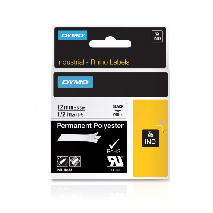 DYMO industrial ID1 polyester permanent labels, 12mm x 5.5m, black on white x 5 pcs, 18483 S0718210-big