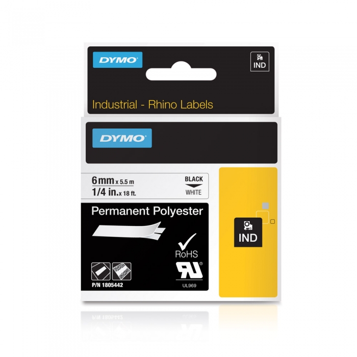 DYMO industrial ID1 polyester permanent labels, 6mm x 5.5m, black on white, 1805442-big