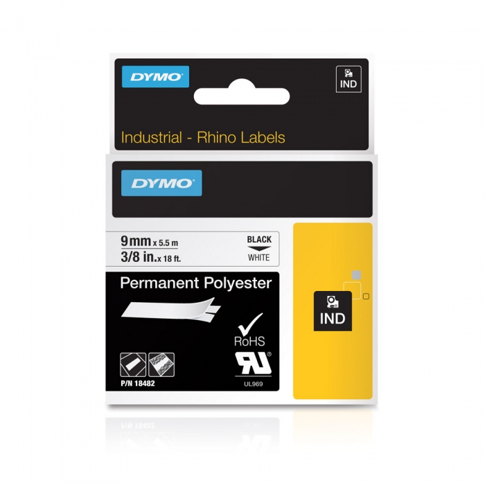 DYMO industrial ID1 polyester permanent labels, 9mm x 5.5m, black on white, 18482-big