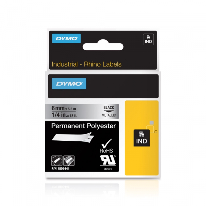 DYMO industrial ID1 polyester permanent labels, 6mm x 5.5m, black on metallic silver, 1805441-big