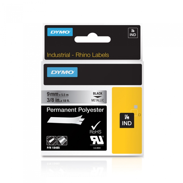 DYMO industrial ID1 polyester permanent labels, 9mm x 5.5m, black on metallic silver, 18485-big