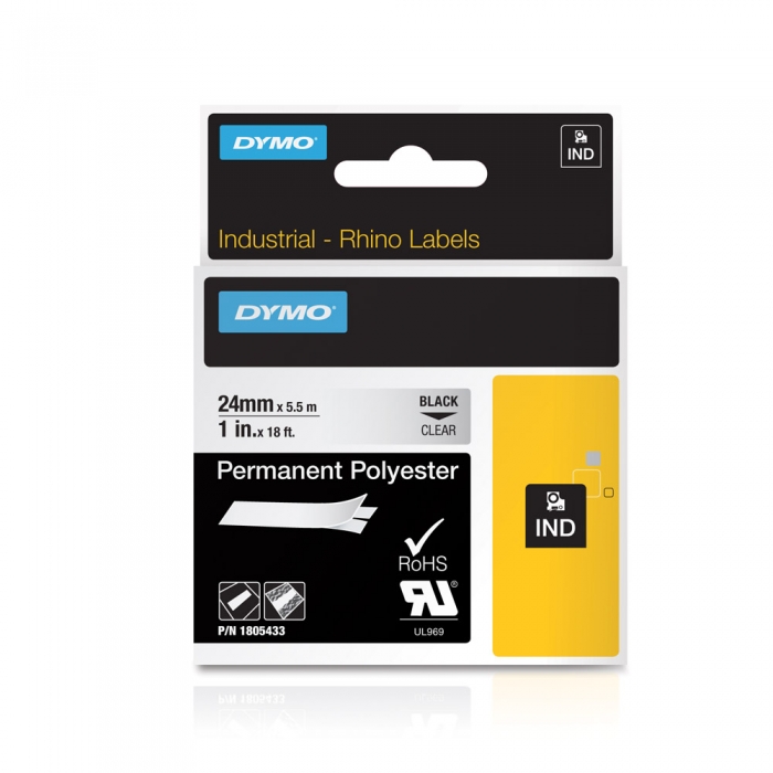 DYMO industrial ID1 polyester permanent labels, 24mm x 5.5m, black on clear, 1805433-big