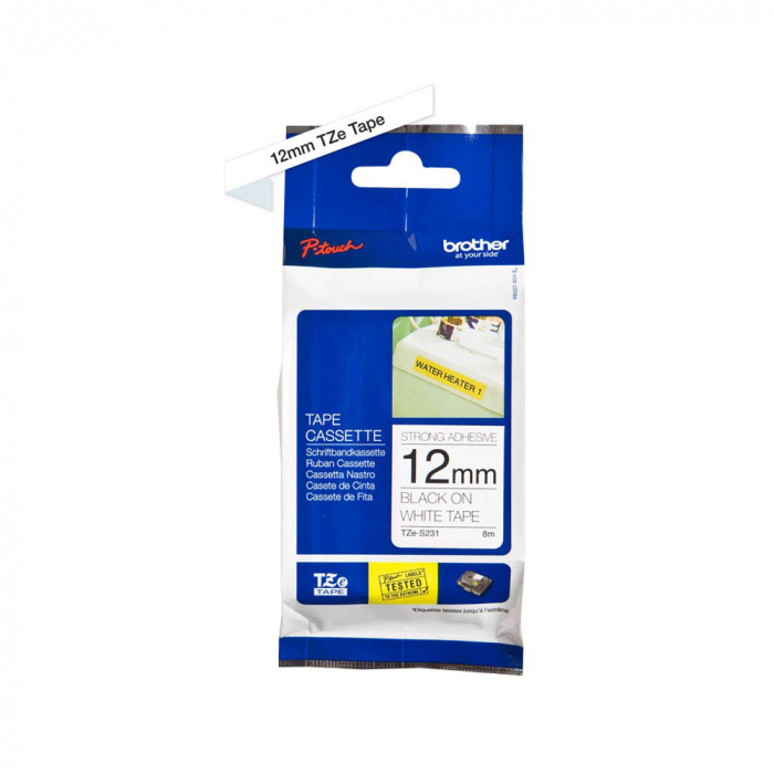 Brother Genuine PTouch TZES231 Extra Strength Adhesive 12mm x 8m, black on white, laminated, Indoor or Outdoor Use, Water Resistant TZe-S231 [5]