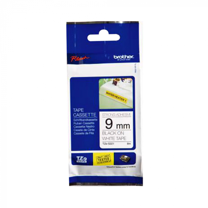 Brother Genuine PTouch TZES221 Extra Strength Adhesive 9mm x 8m, black on white, laminated, Indoor or Outdoor Use, Water Resistant TZe-S221 [5]