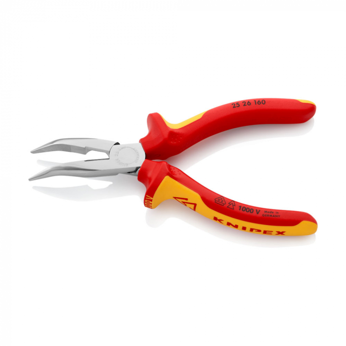Cleste cu varf semirotund, VDE 1000 V, curbat la 40⁰, pentru spatii inguste, maner multicomponent, 160 mm, KNIPEX 25 26 160 [3]