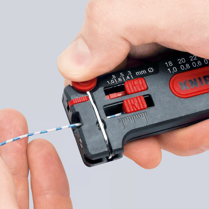 Mini wire stripper KNIPEX 12 80 100 SB for fine conductors 0.3–1.0 mm, adjustable length and integrated cutter [3]