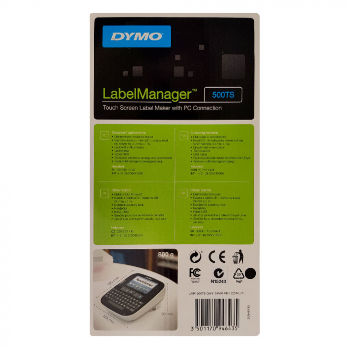 Aparat de etichetat (imprimanta etichete) Dymo LabelManager 500TS, QWERTY, (touchscreen) si 1 caseta etichete profesionale D1, 12mm x 7m, negru/alb, S0946410, 45013-big