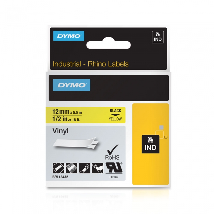 DYMO industrial, All purpose vinyl labels, 12mm x 5.5m, black on yellow, 18432-big