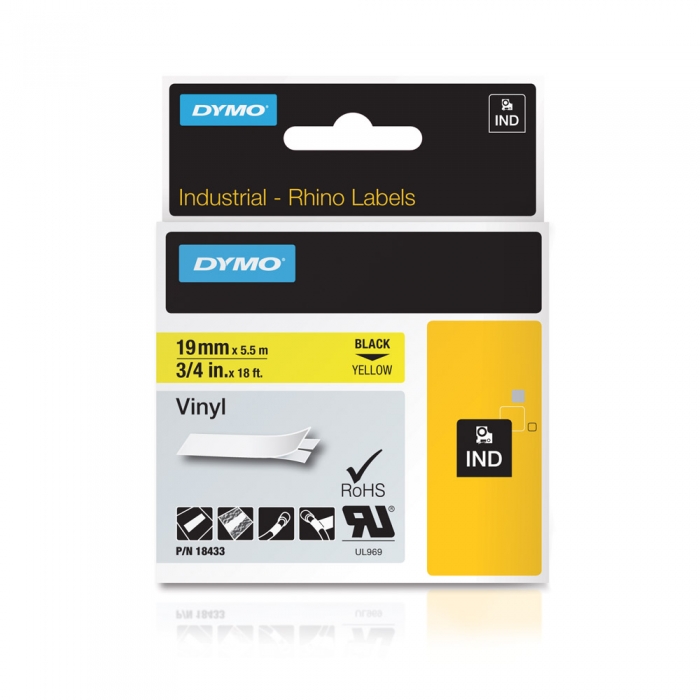 Set 5 Industrial vinyl label 19mm x 5.5m Black/yellow DYMO ID1 18433 S0718471 [6]