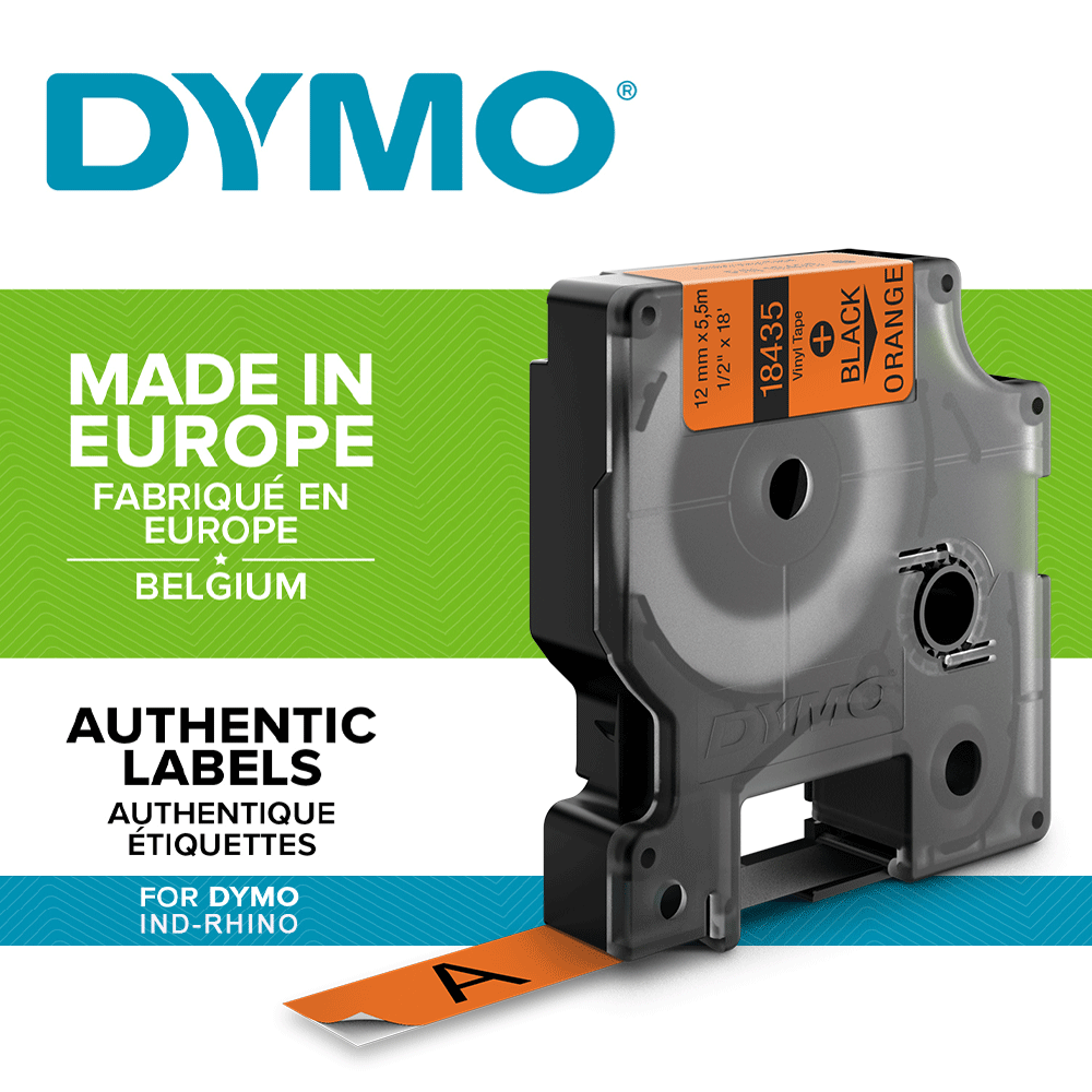 DYMO industrial, All purpose vinyl labels, 12mm x 5.5m, black on orange, 18435 S0718490-big