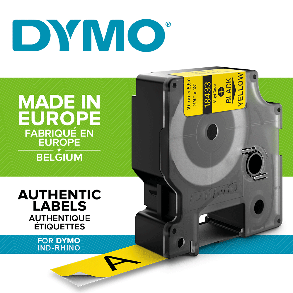 DYMO industrial, All purpose vinyl labels, 19mm x 5.5m, black on yellow, 18433 S0718470-big