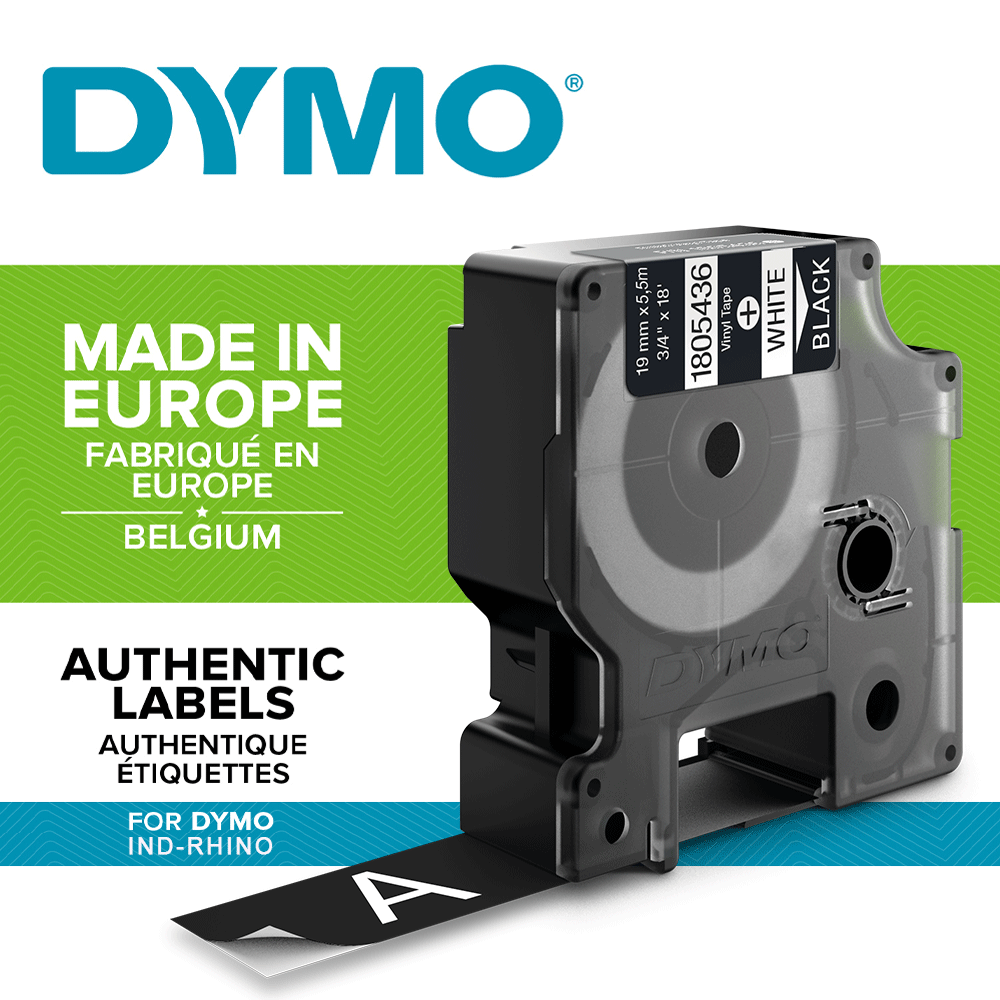 DYMO industrial, All purpose vinyl labels, 19mm x 5.5m, white on black, 1805436-big