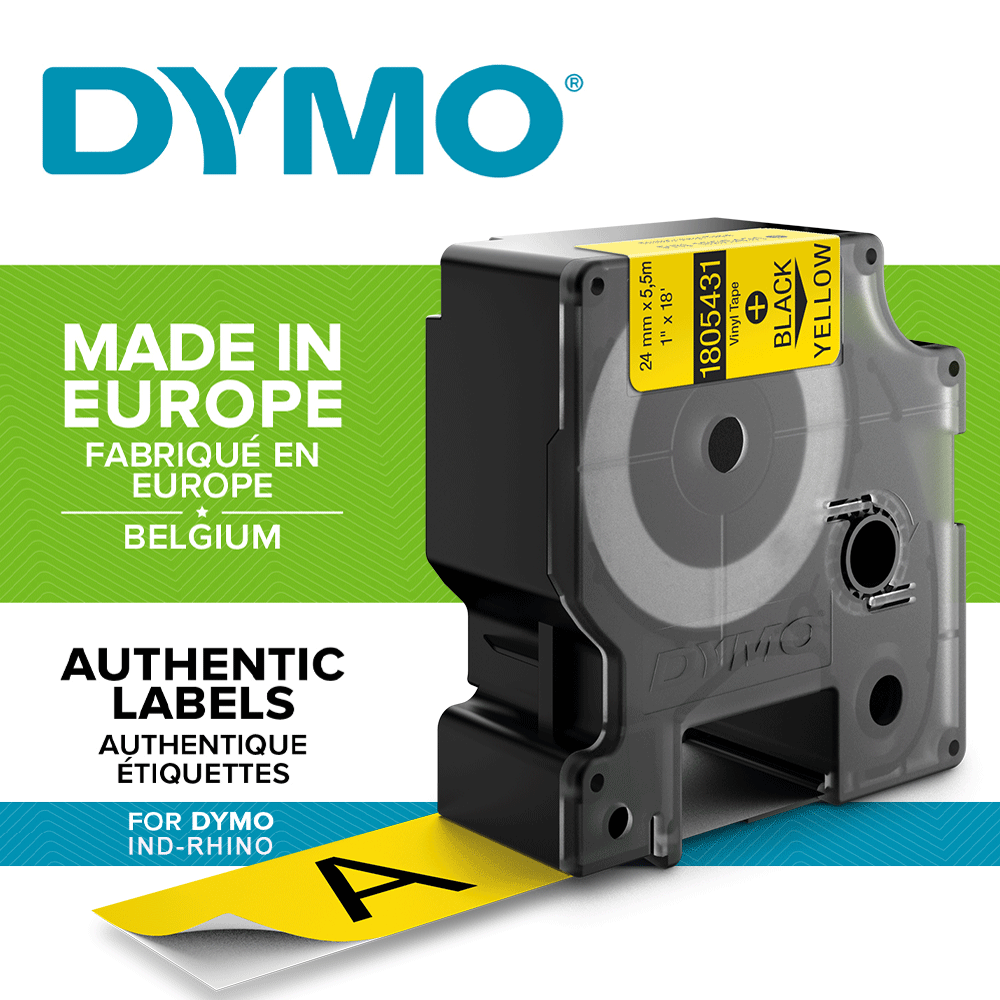 DYMO industrial, All purpose vinyl labels, 24mm x 5.5m, black on yellow, 1805431-big