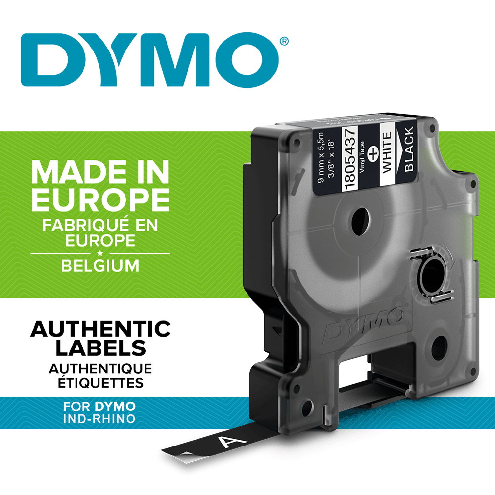 DYMO industrial ID1, All purpose vinyl labels, 9mm x 5.5m, white on black, 1805437-big
