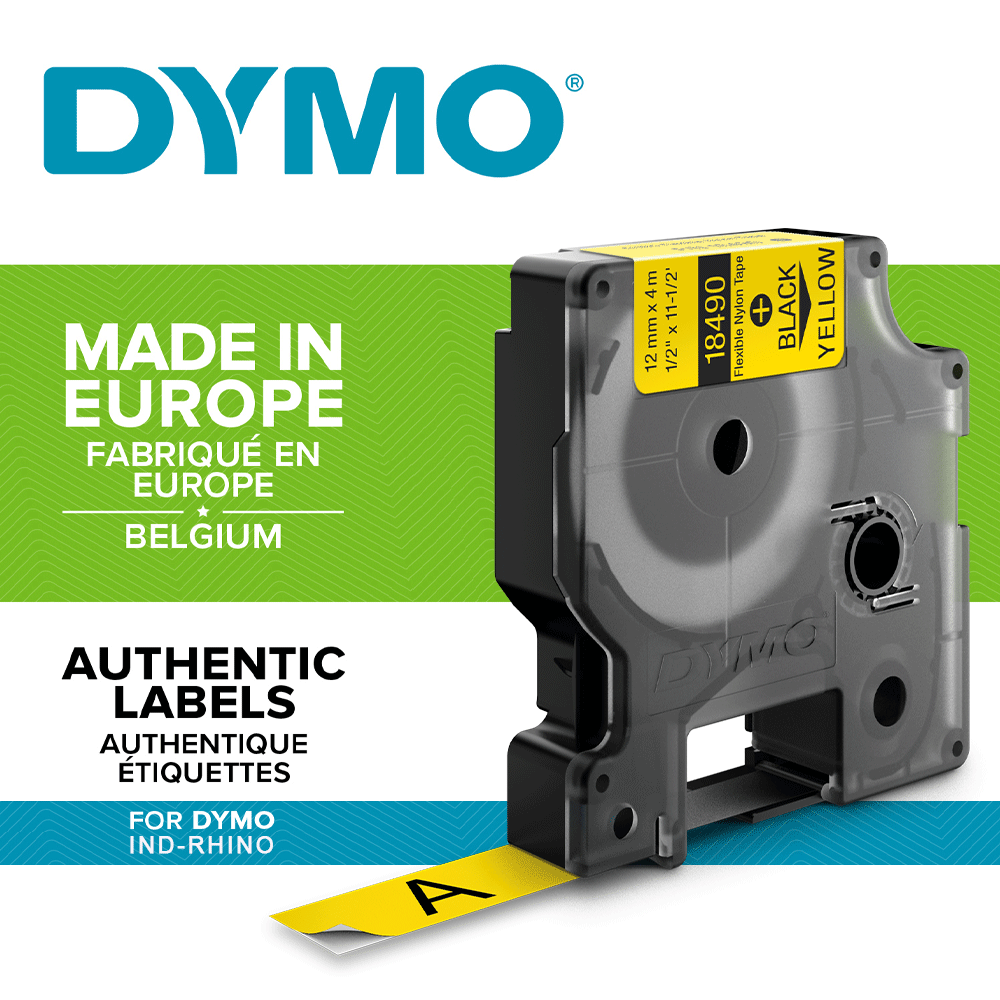 Etichete industriale autocolante, DYMO ID1, nailon flexibil, 12mm x 3.5m, negru/galben, 18490-big
