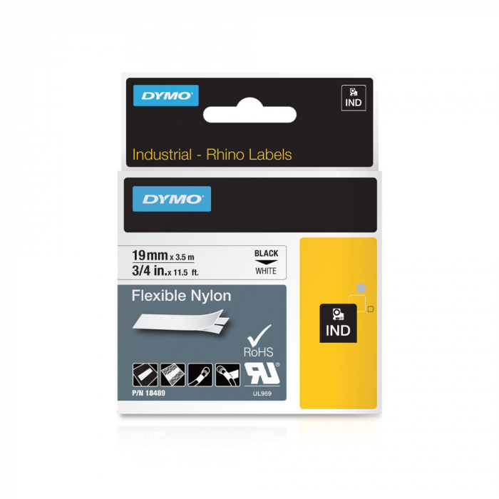 DYMO industrial ID1 flexible nylon labels, 19mm x 3.5m, black on white x 5 pcs, 18489-big