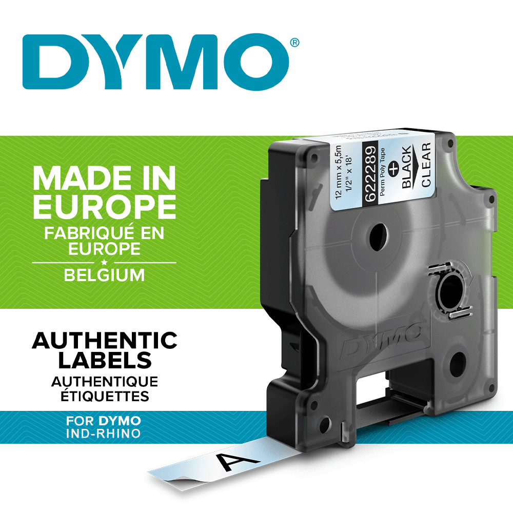 Etichete industriale autocolante, DYMO ID1, poliester permanent, 12mm x 5.5m, negru/transparent, 622289-big