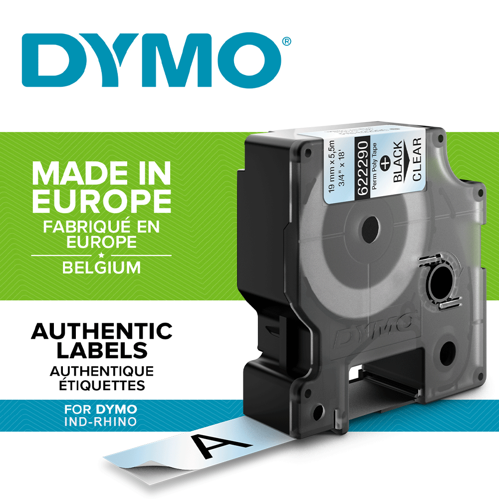 Etichete industriale autocolante, DYMO ID1, poliester permanent, 19mm x 5.5m, negru/transparent, 622290-big