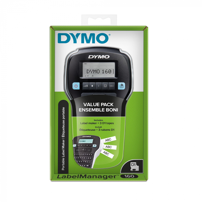 Start kit Dymo LabelManager 160 aparat etichetat cu 3 x Banda originala Dymo D1 D1 12mm x 7m, negru/alb-big
