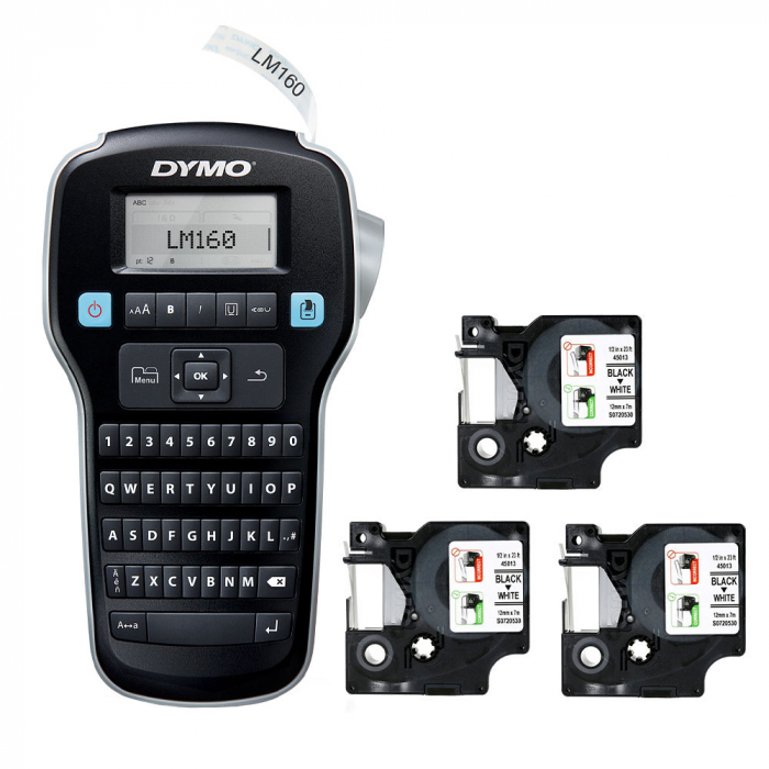 Start kit Dymo LabelManager 160 aparat etichetat cu 3 x Banda originala Dymo D1 D1 12mm x 7m, negru/alb-big