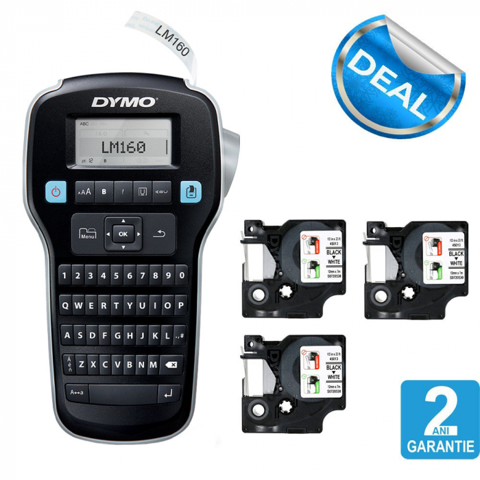 Start kit Dymo LabelManager 160 aparat etichetat cu 3 x Banda originala Dymo D1 D1 12mm x 7m, negru/alb S0946320, S0720530-big
