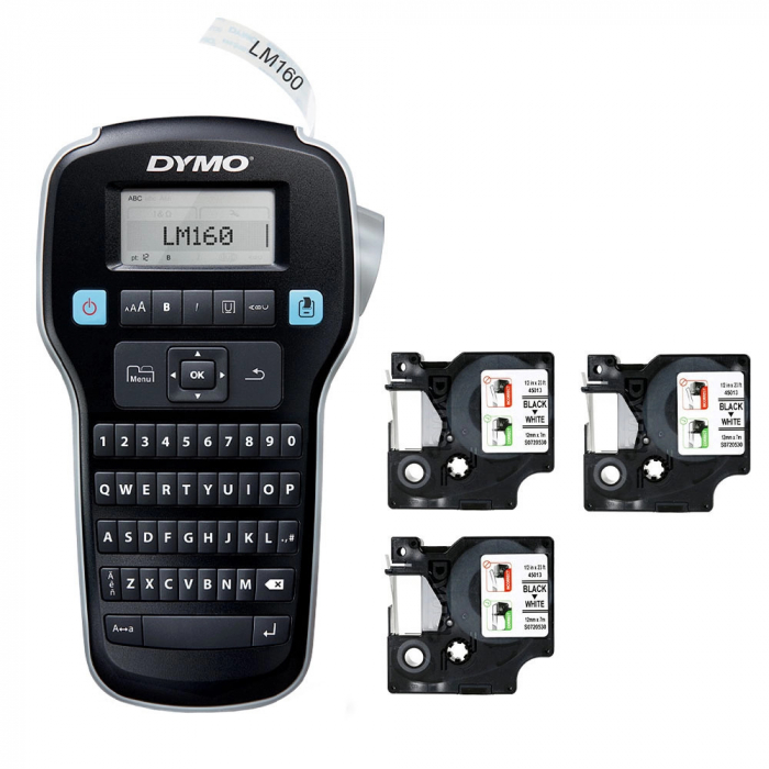 Dymo Labelmanager 160P starter kit, set includes 3 x D1 tapes original 12mm x 7m, black on white 45013, 2142267-big