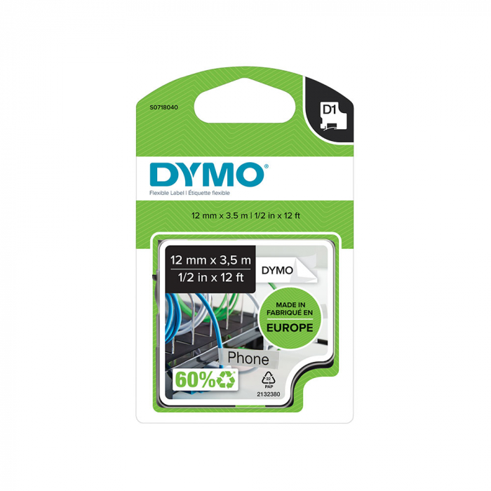 DYMO LabelManager D1 flexible nylon labels, 12mm x 3.5m, black on white, 16957 S0718040 S0718050-big