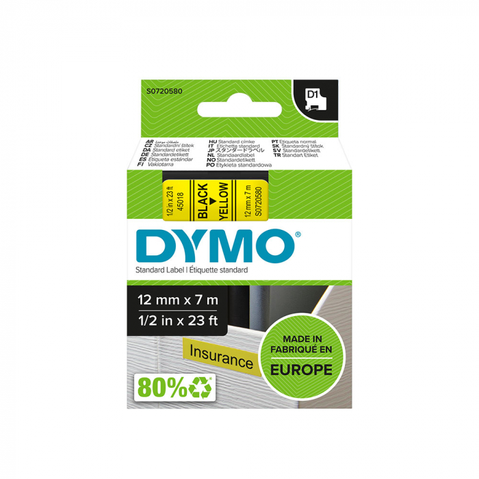 Etichete autocolante, DYMO LabelManager D1, 12mm x 7m, negru/galben, 45018, S0720580-big