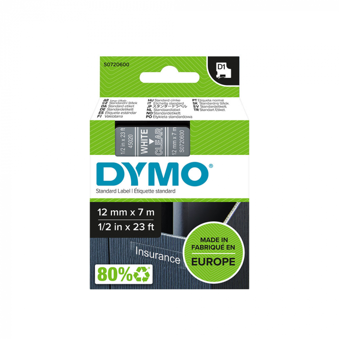 Label maker universal tape 12mm x 7m, Dymo LabelManager D1, White/Clear S0720600-big