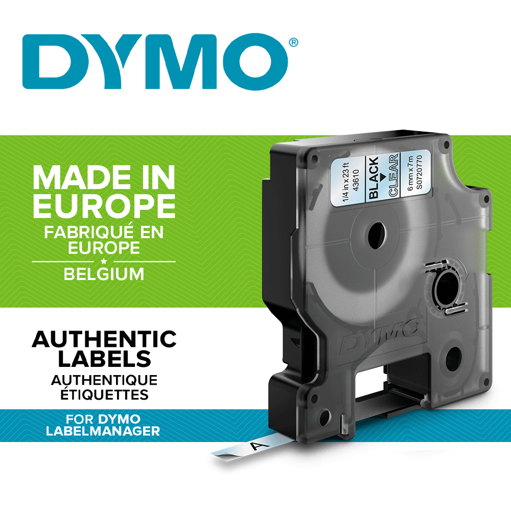 Etichete autocolante, DYMO LabelManager D1, 6mm x 7m, negru/transparent, 43610, S0720770-big
