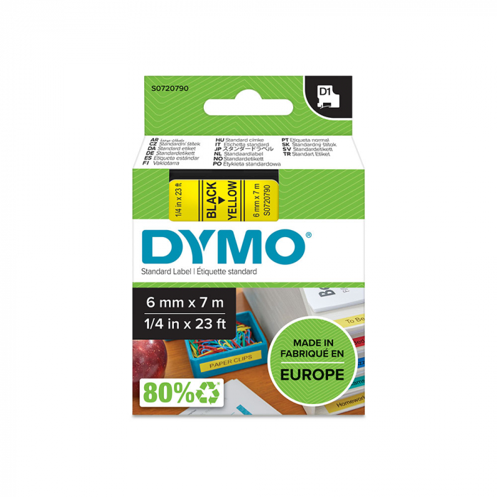Etichete autocolante, DYMO LabelManager D1, 6mm x 7m, negru/galben, 43618, S0720790-big