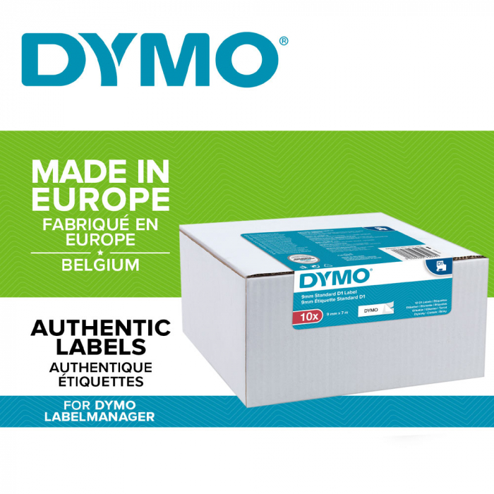 Etichete autocolante, DYMO LabelManager D1, 9mm x 7m, negru/alb, 10 buc/set, 40913, 2093096 DY2093096-big