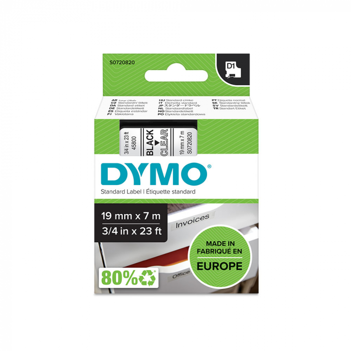 Banda 19mm x 7m imprimanta etichete Dymo LabelManager D1, negru/transparent S0720820-big