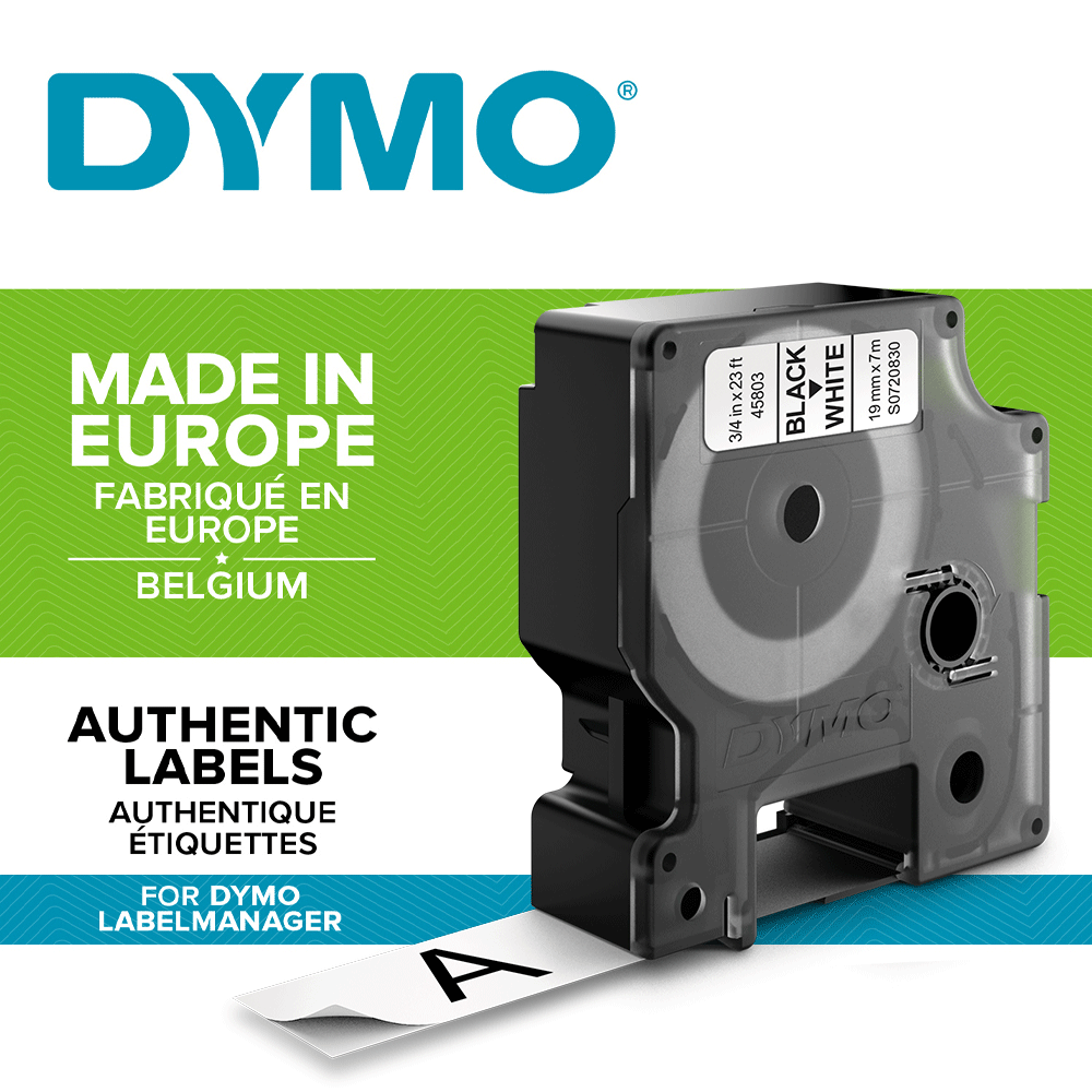 DYMO LabelManager D1 plastic labels, 19mm x 7m, black on white, 45803 S0720830-big