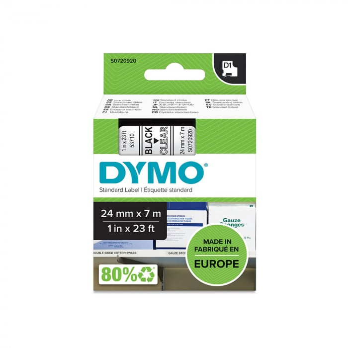 Etichete autocolante plastifiate, DYMO LabelManager D1, 24mm x 7m, negru/transparent, 53710 S0720920-big