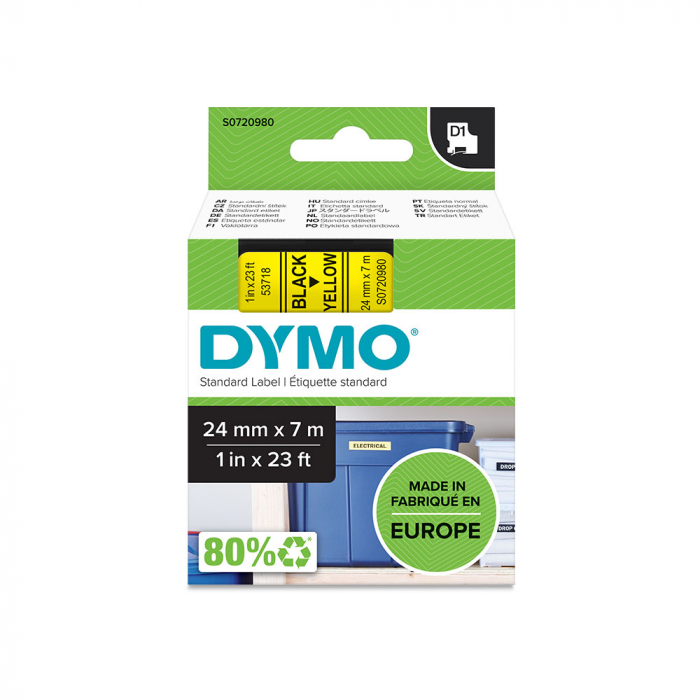 Etichete autocolante plastifiate, DYMO LabelManager D1, 24mm x 7m, negru/galben, 53718 S0720980-big