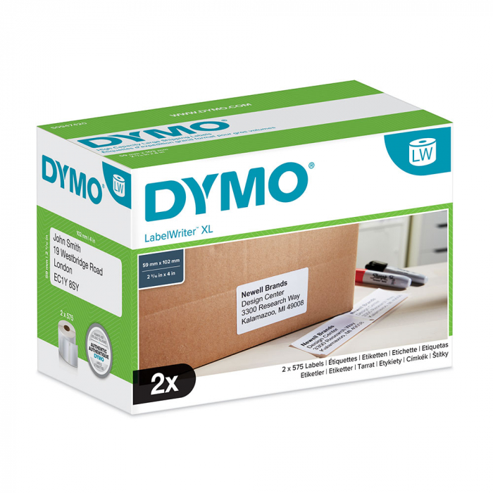 Etichete termice, DYMO LabelWriter, mare capacitate, transport/logisitica, doar pentru LW 4XL, permanente, 102mmx59mm, hartie alba, 2 role/cutie, 575 etichete/rola, 947420 S0947420-big