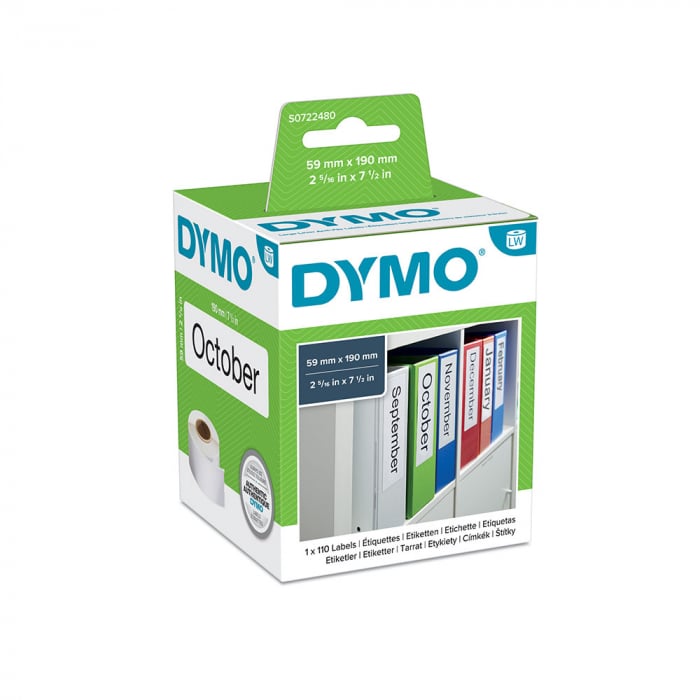DYMO LabelWriter, Lever Arch Labels 75mm, permanent, 190mmx59mm, paper white, 1 roll/box, 110 labels/roll, 99019 S0722480-big