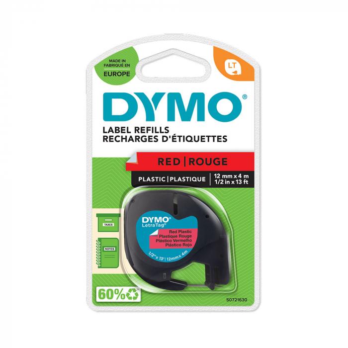 DYMO LetraTag red plastic, Labelling Tape, 12mmx4m, 91203, S0721630-big