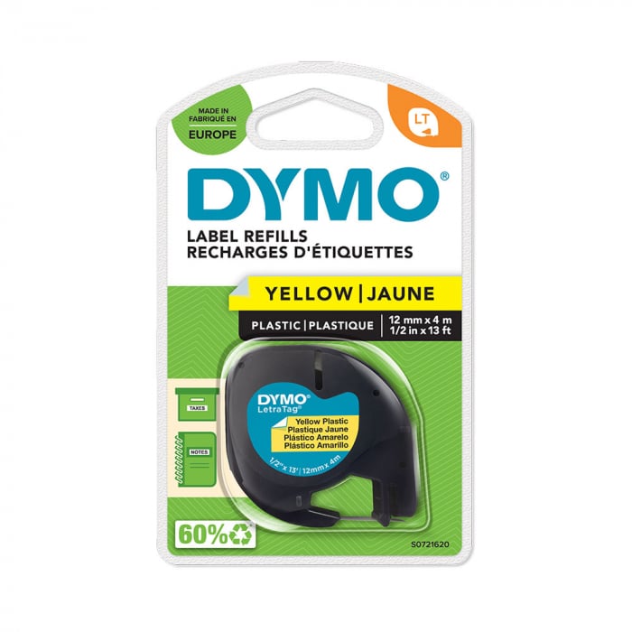 DYMO LetraTag plastic galbene, etichete originale, 12mm x 4m, 91202, S0721620-big
