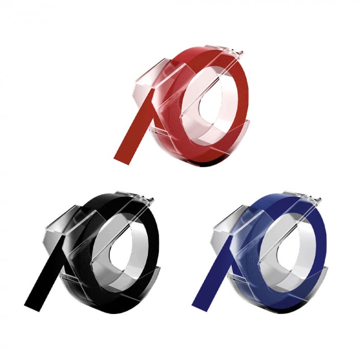 Set 3 Etichete embosabile compatibile Dymo Omega Asortat (negru, albastru, rosu), 9mm x 3m,  S0847740, 520109, 520106, 520102-big