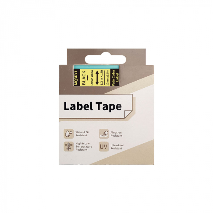 AIMO universal labels 12mm x 5.5m, black/yellow pastel, polyester adhesive, thermal transfer, AIMO D1600, MQ3DY1 [2]
