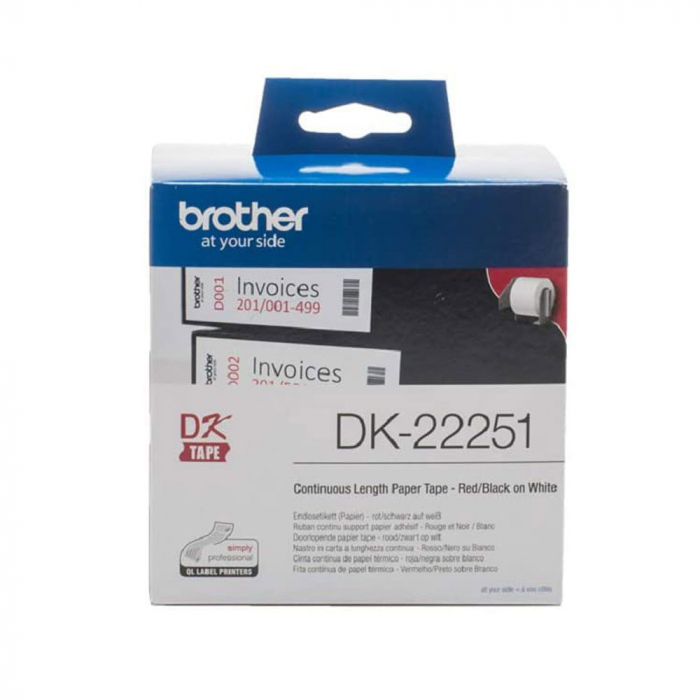 Etichete Brother DK-22251 62mm x 15.24 m, scris rosu/negru pe hartie alba, originale, continue, autoadezive, pentru imprimante termice QL-800, QL-810W, QL-820NWB-big