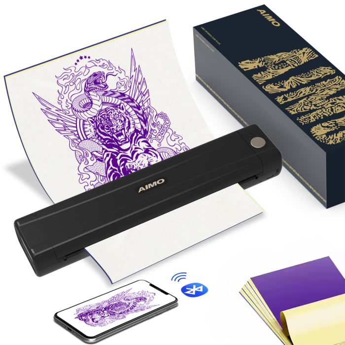 AIMO M08E-WS A4 portable thermal printer, direct thermal transfer, tattoo stencil printing, Bluetooth or Type C connection, 1200 mAh Li-Ion battery, compatible with IOS, Android, MAC or Windows [19]