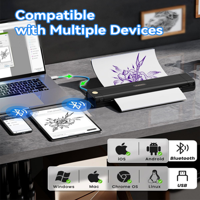 AIMO M08E-WS A4 portable thermal printer, direct thermal transfer, tattoo stencil printing, Bluetooth or Type C connection, 1200 mAh Li-Ion battery, compatible with IOS, Android, MAC or Windows [8]