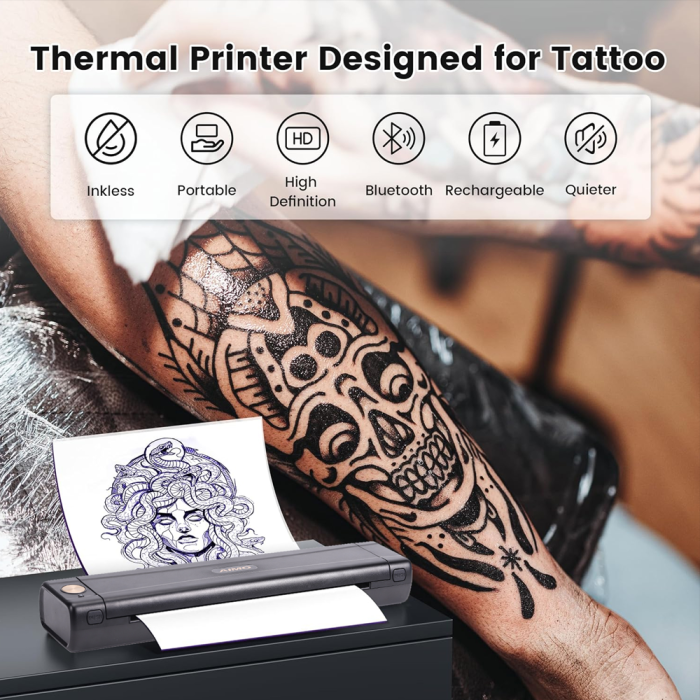 AIMO M08E-WS A4 portable thermal printer, direct thermal transfer, tattoo stencil printing, Bluetooth or Type C connection, 1200 mAh Li-Ion battery, compatible with IOS, Android, MAC or Windows [4]