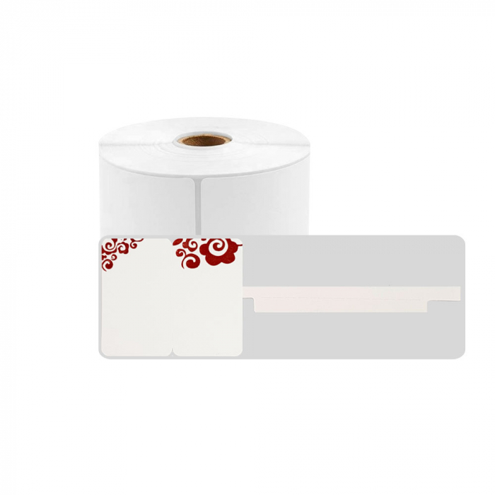 Etichete termice bijuterii 25 x 30mm + 45mm preimprimate flori rosii, suport plastic alb, pentru imprimanta M110/M200, 100 buc/rola-big