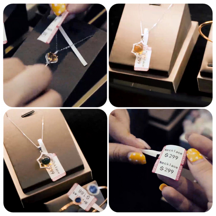 Etichete termice bijuterii 30 x 25mm + 45mm preimprimate model FuRong, suport plastic alb, pentru imprimanta M110/M200, 100 buc/rola-big