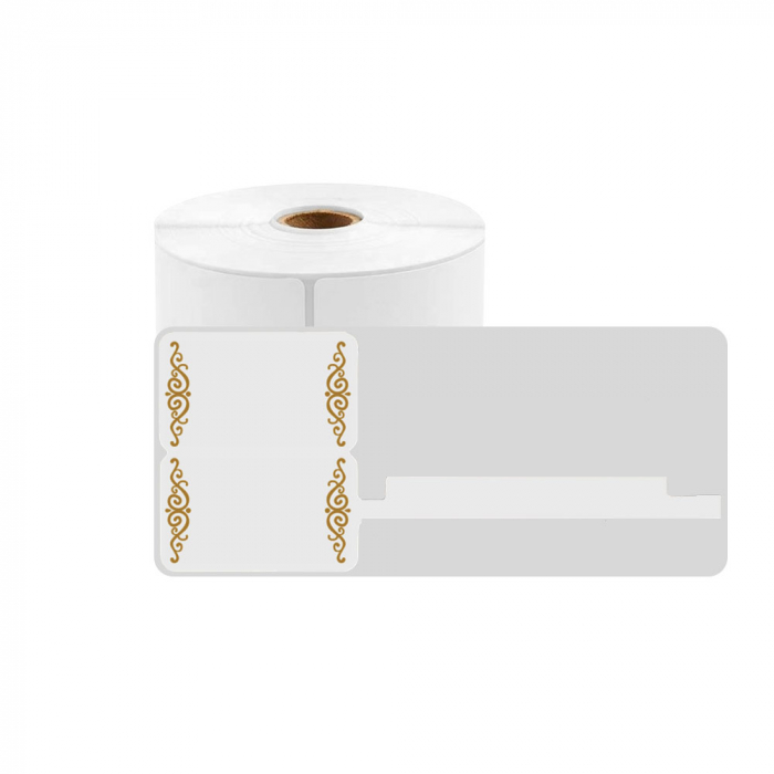 Etichete termice bijuterii 30 x 25mm + 45mm preimprimate model FuRong, suport plastic alb, pentru imprimanta M110/M200, 100 buc/rola-big