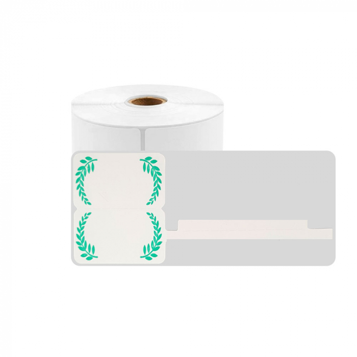 Jewelry thermal labels 30 x 25mm + 45mm preprinted olive branch design, white plastic, for printer M110/M200, 100 pcs/roll-big